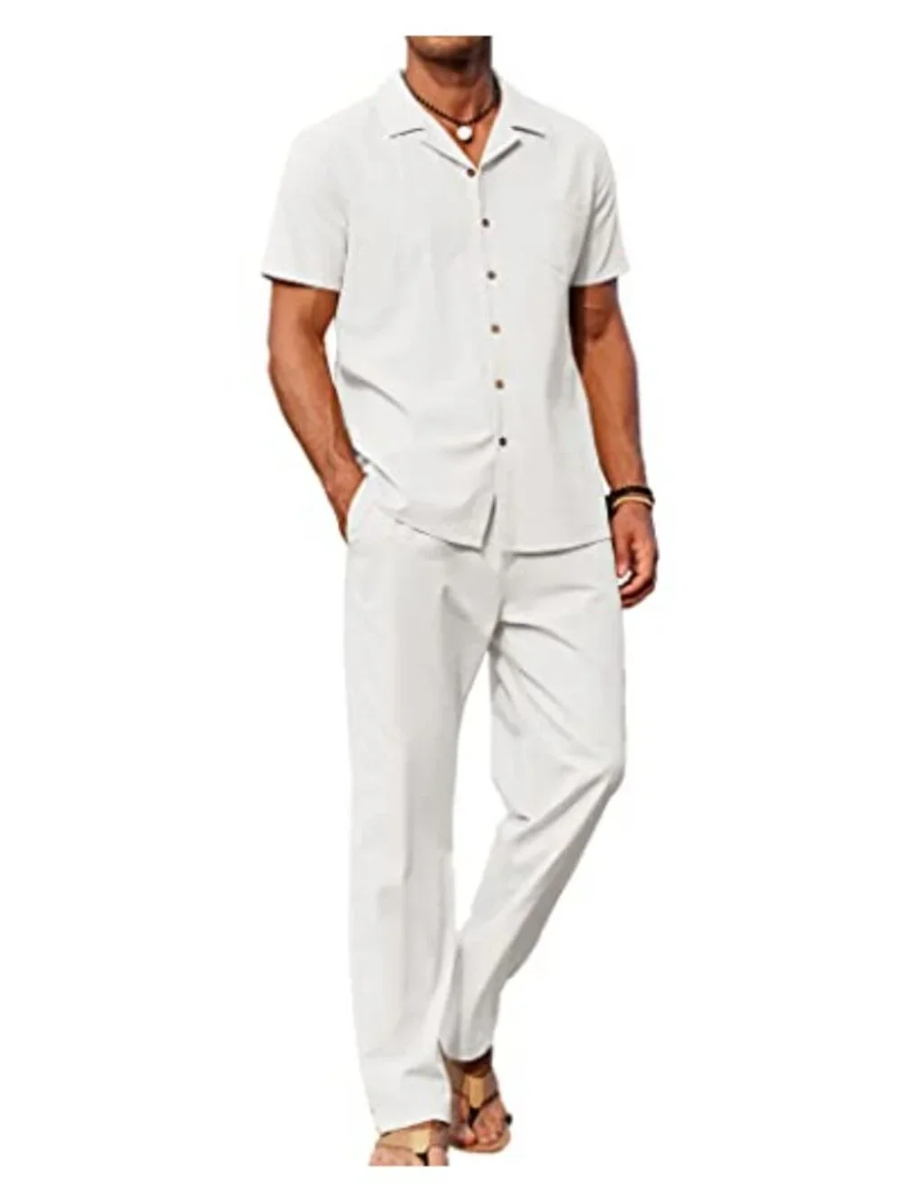 Men 2 Piece Linen Outfit Beach Button Down Shirt Casual Loose Pant Sets
